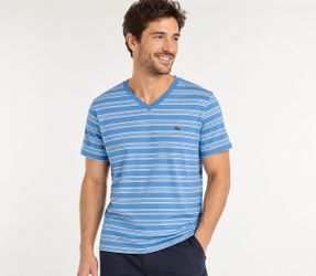 Lacoste Men’s Size 9 (3XL) Blue White Striped V-Neck T-Shirt 100% Cotton Regular Fit