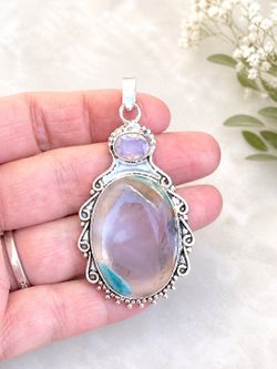 Handcrafted Dendrite Opal & Opalite Gemstone 2.5” Silver Pendant