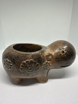 Vintage 1970s brown ceramic hippo tea candle holder