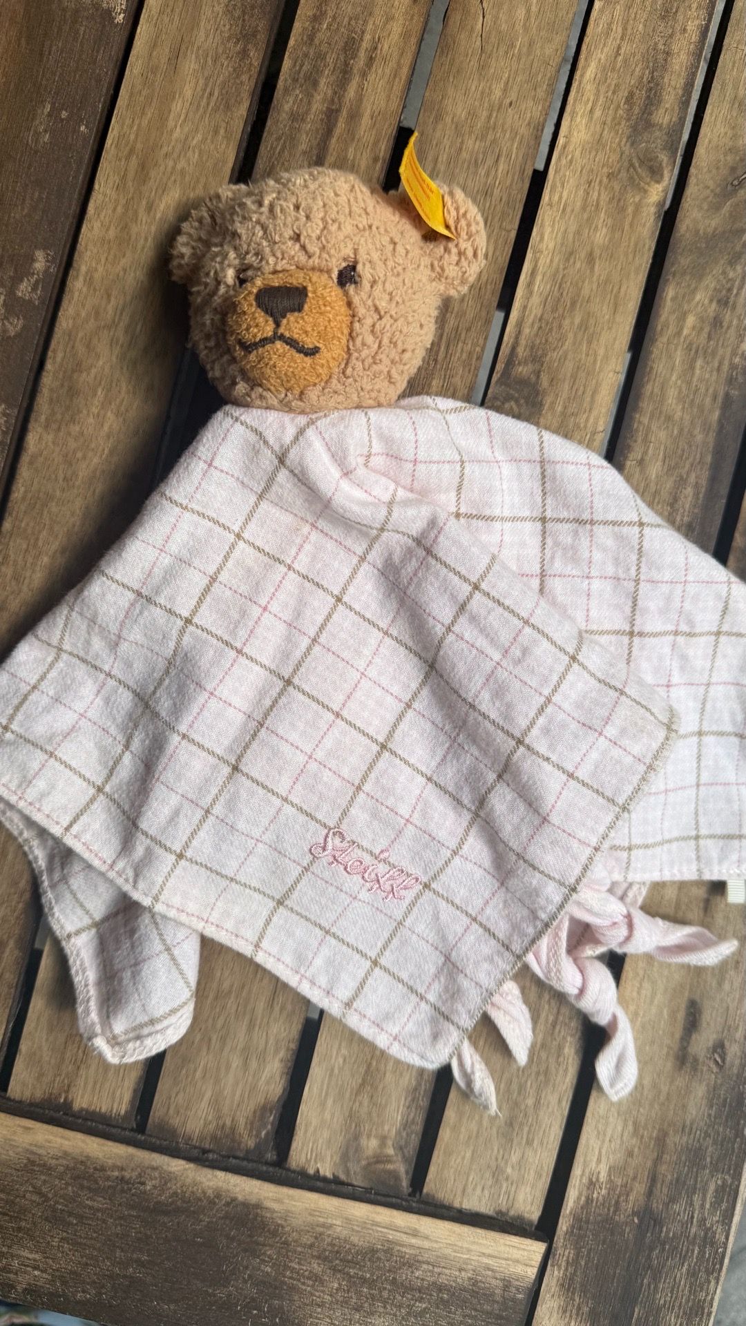 Steiff 237133 Pink Plaid Baby Sleep Well Teddy Bear Baby Comfort Blanket 12"