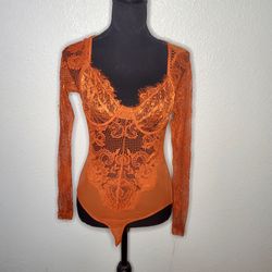 Runaway Women's Orange Top One Piece Lace Long Sleeve Size: 4 Small Blouse 