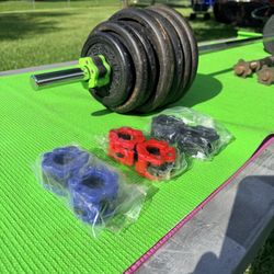 Full Set Of Weights With New Barbell And Quick Locking Collars And Dumbbell Handles 