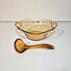 Cambridge Glass Co. Amber 6.5" Gravy Bowl & Spoon Vintage Glass Serveware