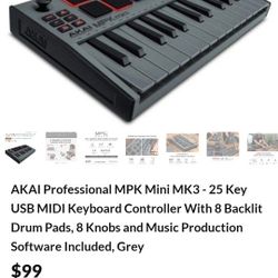 Akai Professional MPK Mini MK3 - 25 Key USB MIDI Keyboard Controller With 8 Backlit Drum Pads, 8 Knobs, Music Production Software and Native Instrumen