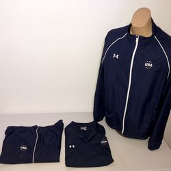 Under Armour 3 piece Blue Warm-Up Suit with Embroidered USA! XL Jacket & L Polo Shirt and Pants!