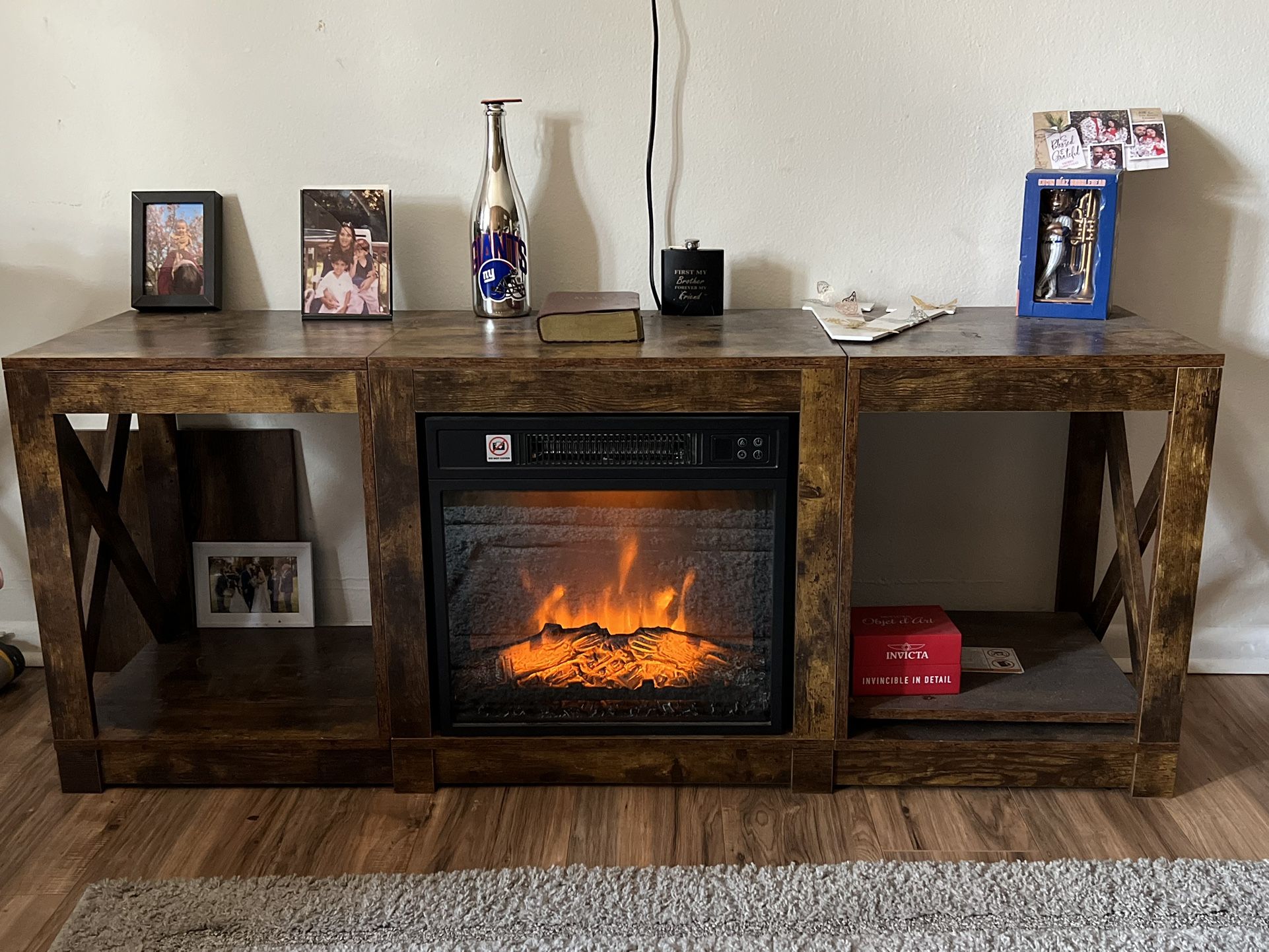 TV Stand , Electric Fire Place / Space Heater & Small Leather Sofa