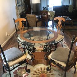 4’ Wide Beveled Glass , Iron And Wood Table