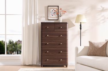 Tall 6 Drawer Dresser 51.5" H, Walnut Bedroom Storage Chest, Modern Wood Finish