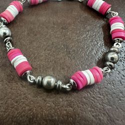 Pink and White Polymer Clays Beaded Bracelet