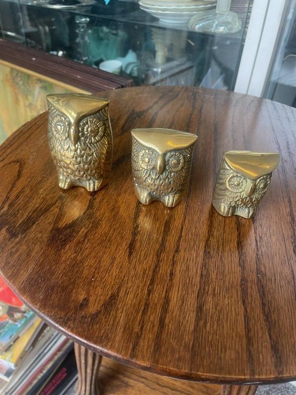 Vintage Brass Owl Owls Home Decor Boho Set Of Three Solid Brass 