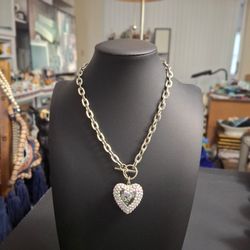 Authentic Tarina Tarantino Lucite Rhinestone Bubble Heart Toggle Necklace, 16" - Excellent Condition