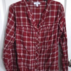 Red White Plaid Long Sleeve Button Down Shirt Top