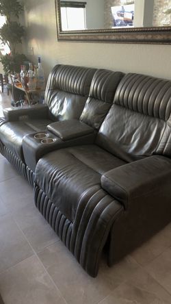 Gray Leather Reclining Loveseat with Console