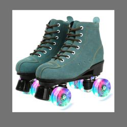 XUDREZ Cowhide Roller Skates for Women (13) and Men (11) High-Top Shoes Double-Row Design Classic Premium Roller Skates (Blue Flash Wheel)