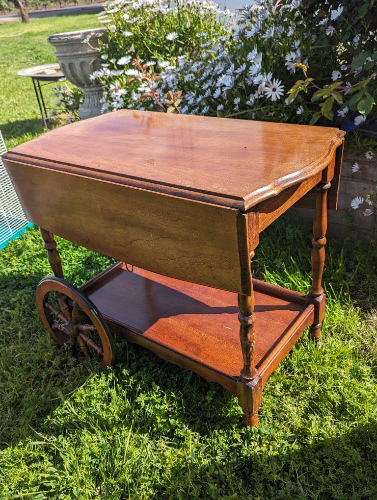 Vintage Wooden Drop Leaf Tea Cart with Rolling Wheels and Lower Shelf -