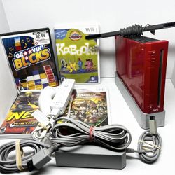Nintendo Wii Limited Edition RED Console RVL-001 with 1 Controller/Nunchuck & Cables w/ 4 Video Games