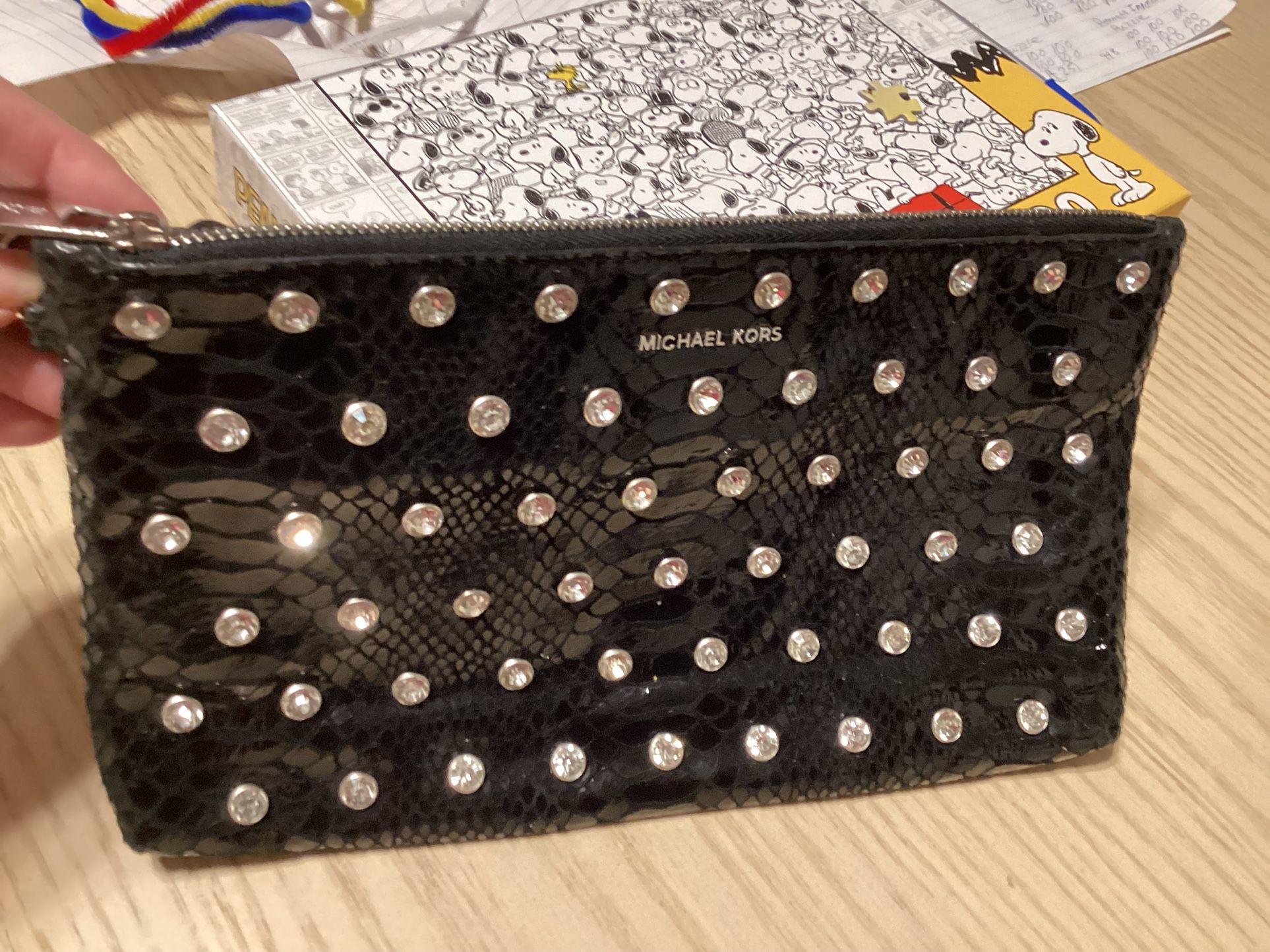 Like New Michael Kors Adrienne Leather Snakeskin Rhinestone Clutch Purse