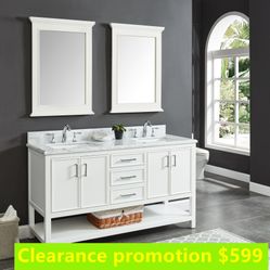 60”white double sink bathroom vanity with carrara white marble stone top