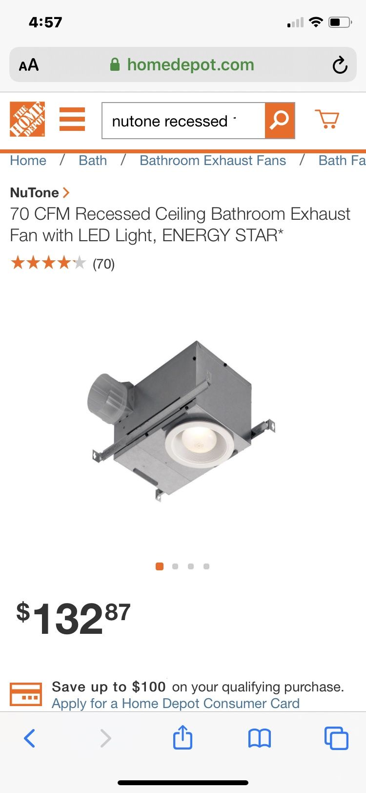 PRICED REDUCED!!!! 70 CFM Recessed Ceiling Bathroom Exhaust Fan with LED Light, ENERGY STAR*