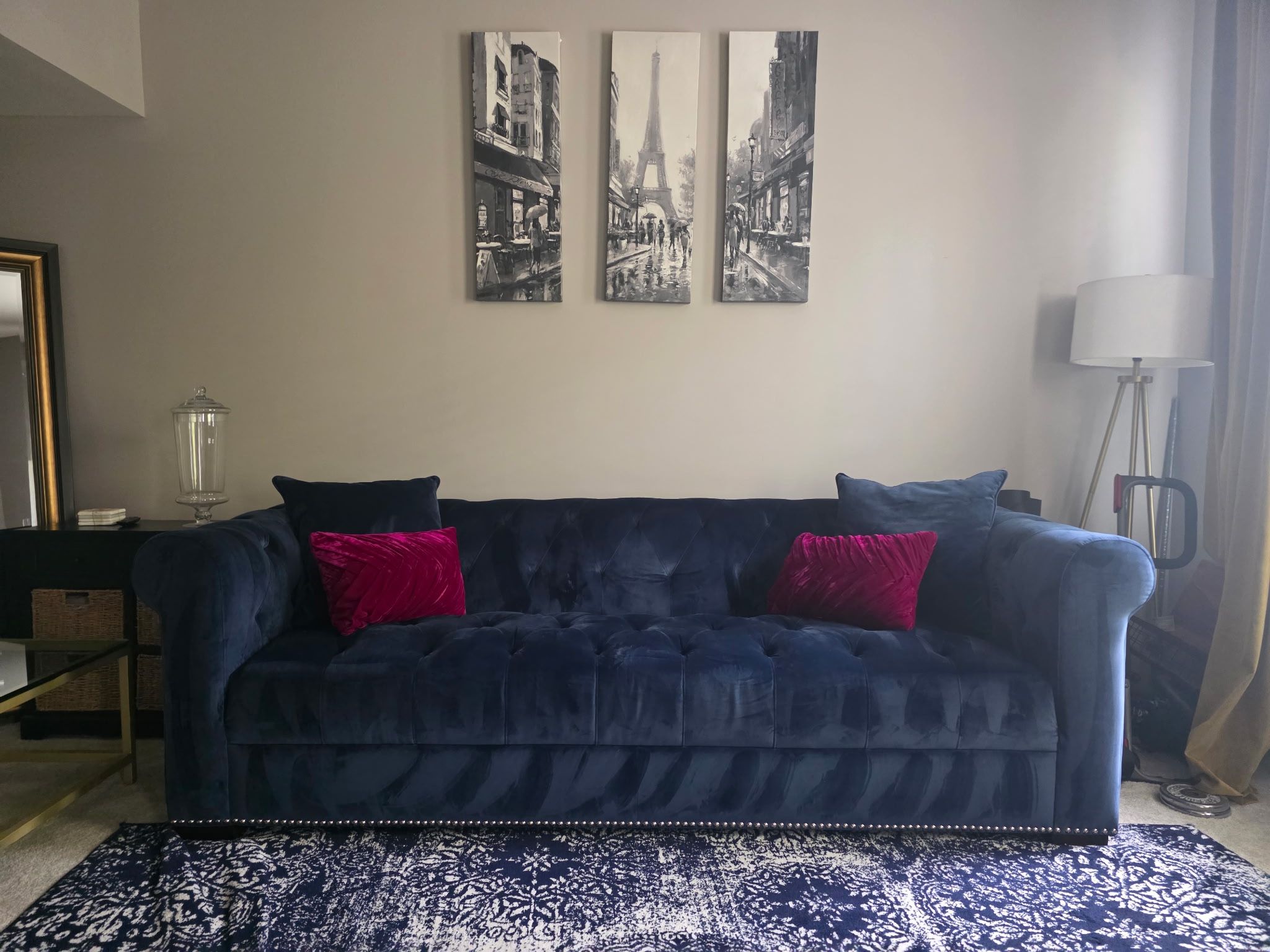 Stylish Navy Velvet Sofa + Plush Rug Set