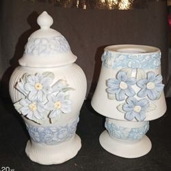 2pc Lot Hermitage pottery Daisy Ginger jar And tea light Candle holder