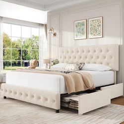 Modern Upholstered Bed Frame with 4 Storage Drawers, Button Tufted Headboard Design, Solid Wooden Slat Support, Easy Assembly, Velvet, Beig