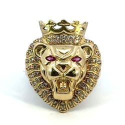 Men’s 10k Yellow Gold CZ Cubic Zirconia Lion With Crown Head Ring Size 10.5 GP3124381