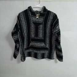 Earth Ragz Drug Rug Men’s Small Black White Aztec Pullover Sweater Afghan Hoodie 