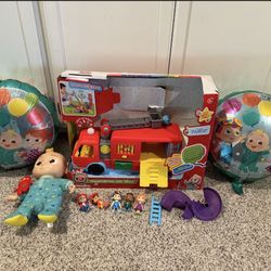 Cocomelon Talking Singing Doll + Transforming Fire Truck + Figures + 2 Mylar Balloons
