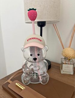 Starbucks Bear Glass Cup with Strawberry Straw