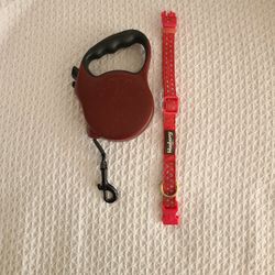 Retractable Brown Dog Pet Leash Nylon Cord Pause Lock and Pink Blueberry Collar