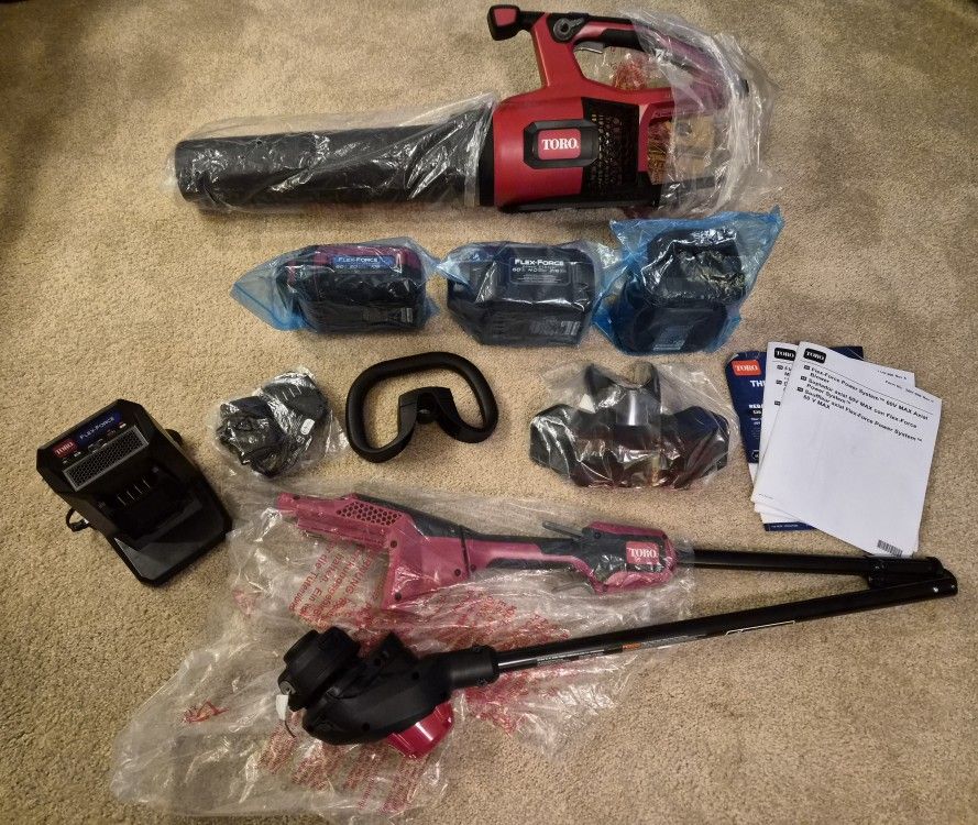 Toro 60-Volt String Trimmer, Leaf Blower, 3 Batteries, & 2 Chargers -BRAND NEW
