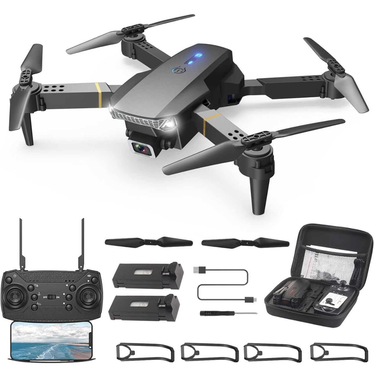 Drone with Camera for Adults, 1080P HD FPV Foldable Remote Control Drone with 3D Flips/Altitude Hold/Gesture Selfie/Waypoint Flight, 2 Batteries and C