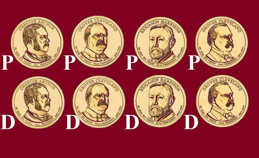 2012 P & D (8 Coin Set) Cleveland 1&2 Harrison Arthur Presidential Dollars BU