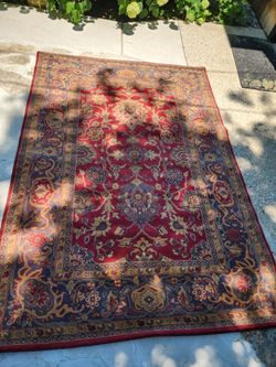 Vintage Tufted 100% Wool Pile Area Rug 62" x 90" Red Navy Persian Style
