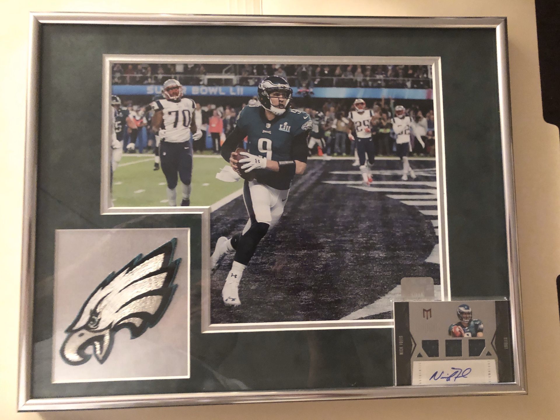Nick Foles Autographed Rookie Card w/ 8x10 Photo Framed in Double Matted Eagles Green Suede & Vintage Silver w/ Embroidered Eagles 🦅 Patch