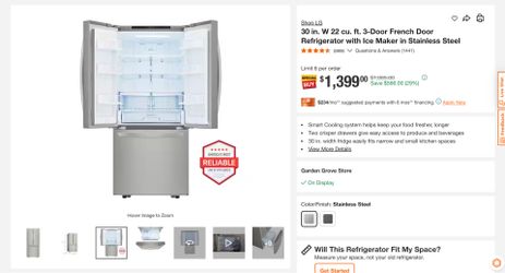 LG 22 cu ft French Door Refrigerator- Stainless Steel LFGS22520S