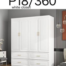 P18🔥4 Door Wardrobe Closet with 4 Drawers & Shelves, Armoire Wardrobe Closet with Hanging Rod, for Bedroom White and Gold 63”W x 20.6”D x 74.9”H$360