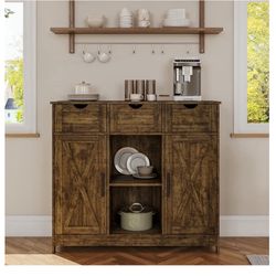 Storage Cabinet, Coffee Bar Cabinet with 2 Adjustable Shelves, 3 Drawers, and 2 Doors