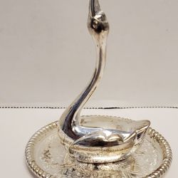 Vintage Swan Ring Holder Trinket Tray Jewelry Vanity Accessories Silverplated 
