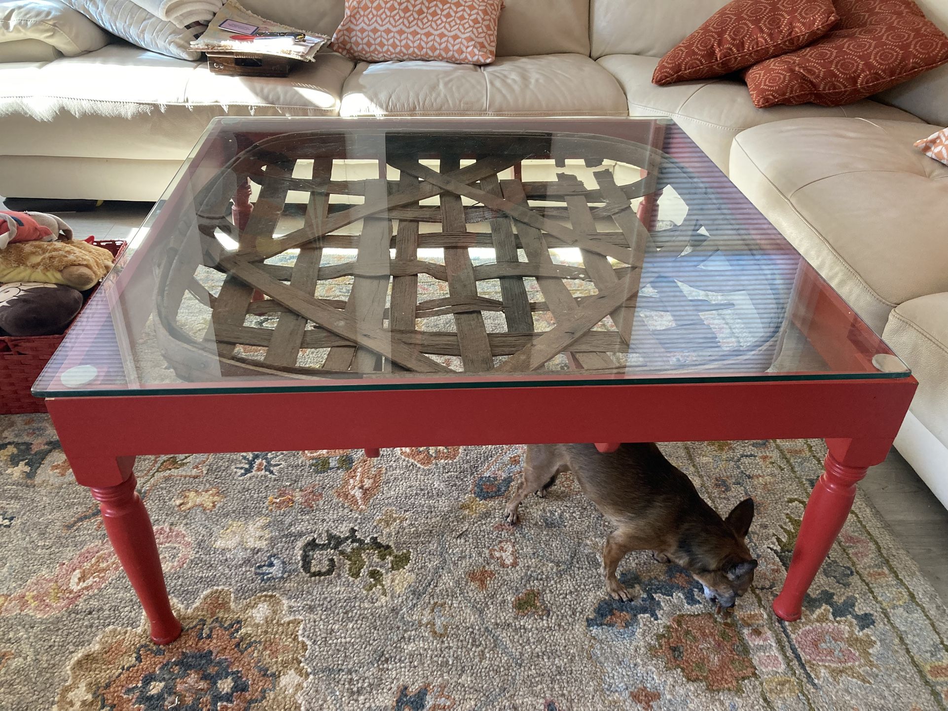 Cool Red Wood & Glass Coffee Table w Antique Inset