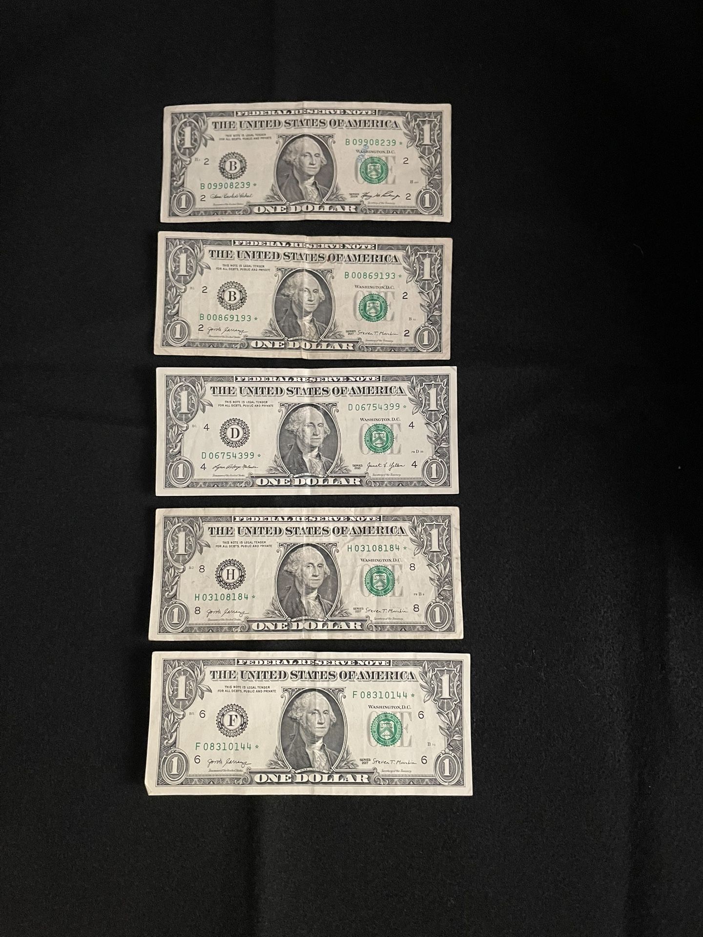 (5) $1 Bills Printed Off Center And (5) $1 Star Notes