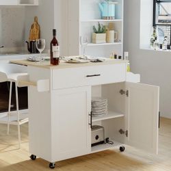 Rolling Kitchen Island Table on Wheels with Drop Leaf and Towel Rack