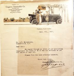 1917 Charleston Cosgrove Automobile Co. letter