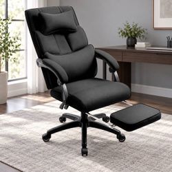 Black Fabric Reclining Office Chair with Footrest