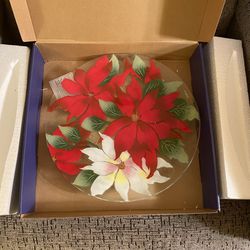 Fusion Art Fused Glass Poinsettia Christmas Holiday Cookie Tray Platter Plate