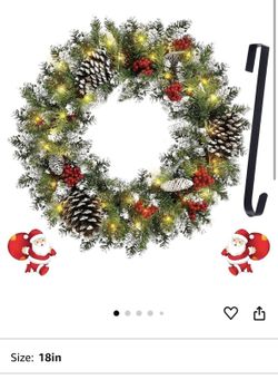 Christmas Wreath Garland for Front Door, Pre-lit Artificial Xmas Garland with 50 LEDs Lights Battery Operated - Snowflake Red Berry Pinecone Fir Garla