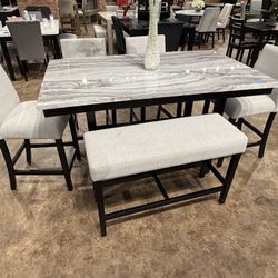 6PC Gray Faux Marble Top Dining Table Set