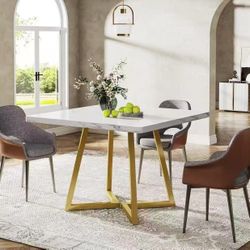 J0403 Square Dining Table for 2, 31.5" Modern Dinner Table with Metal Base, Kitchen Table for Dining Room, Small Space, Apartment, White & Gold