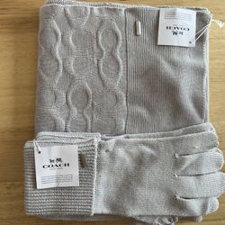 COACH Ice Colored Embossed Knit Scarf And Gloves 
